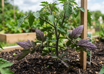 Kodėl pomidorų lapai tampa violetiniai?