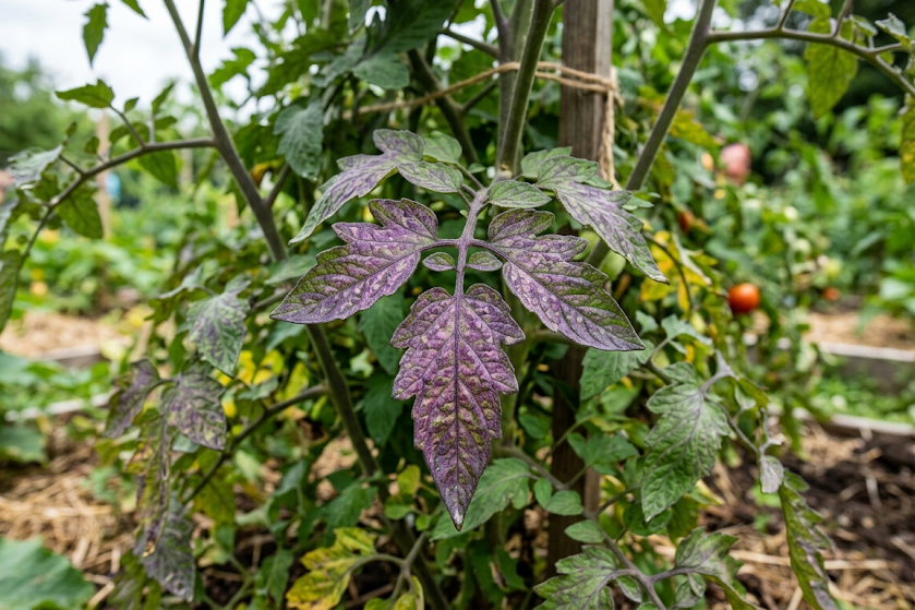 Kodėl pomidorų lapai tampa violetiniai?