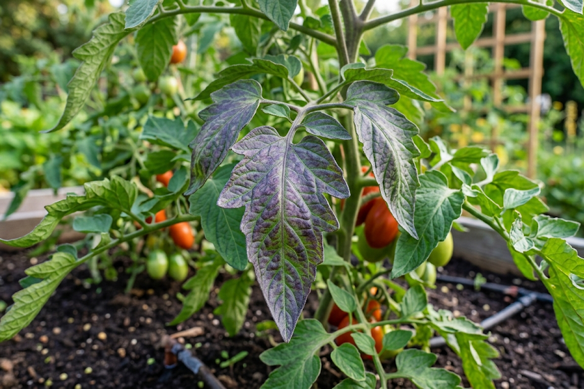 Kodėl pomidorų lapai tampa violetiniai?