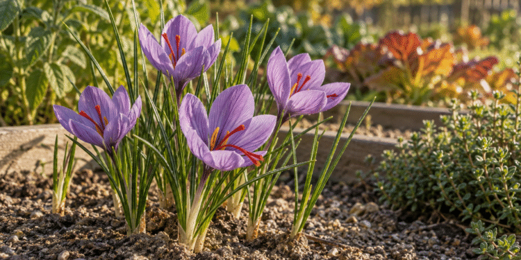 Rudenį žydintys violetiniai daržinio kroko žiedai su raudonomis purkomis pakeltoje lysvėje