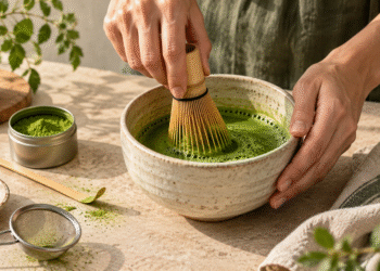 Rankomis bambukine šluotele plakama ryškiai žalia matcha keraminiame dubenėlyje