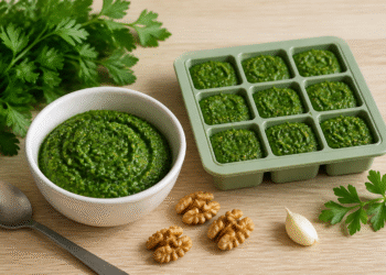 Petražolių pesto dubenėlyje ir mažomis porcijomis pripildytoje šaldymo formelėje, šalia petražolės, graikiniai riešutai ir česnakas