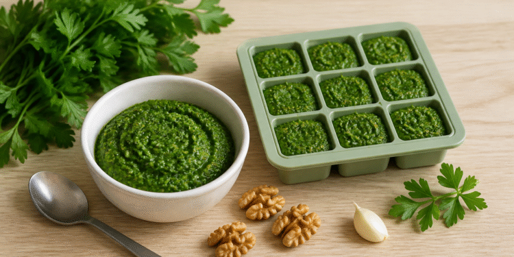 Petražolių pesto dubenėlyje ir mažomis porcijomis pripildytoje šaldymo formelėje, šalia petražolės, graikiniai riešutai ir česnakas