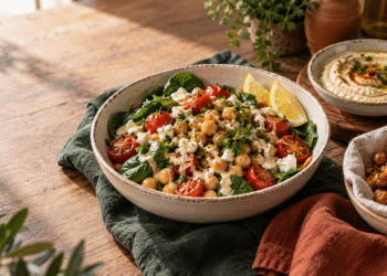 Šiltas avinžirnių dubenėlis su keptais pomidorais, špinatais, feta, citrina ir tahini padažu
