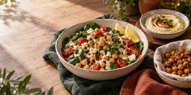 Šiltas avinžirnių dubenėlis su keptais pomidorais, špinatais, feta, citrina ir tahini padažu