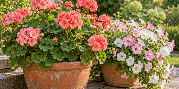 Koralo spalvos pelargonijos ir šviesios petunijos terakotos lauko vazonuose; originali vasaros kompozicijos iliustracija