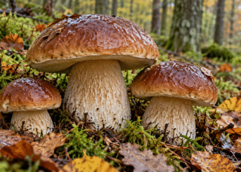 Trys rudomis kepurėlėmis grybai drėgnose samanose tarp rudens lapų; originali iliustracija