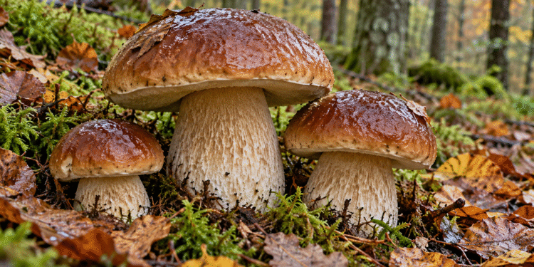 Trys rudomis kepurėlėmis grybai drėgnose samanose tarp rudens lapų; originali iliustracija
