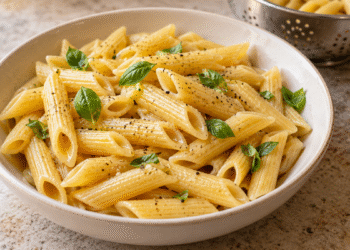 Virti penne makaronai su baziliku ir pipirais šviesiame dubenyje