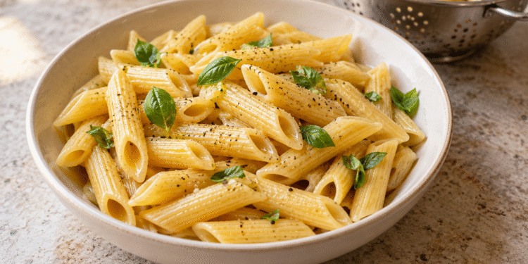 Virti penne makaronai su baziliku ir pipirais šviesiame dubenyje