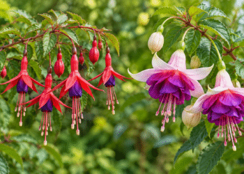 Smulkūs raudonai violetiniai paprastosios fuksijos žiedai greta stambesnių pilnavidurių hibridinės fuksijos žiedų