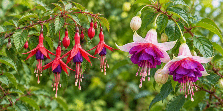 Smulkūs raudonai violetiniai paprastosios fuksijos žiedai greta stambesnių pilnavidurių hibridinės fuksijos žiedų